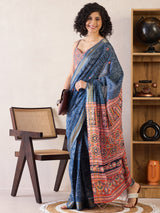 Women's Cotton Navy Printed Ready to Wear with Blouse Piece
