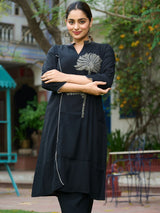 Women's Black Beaded Palm Motif Kurta Pant Set