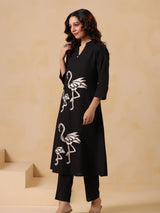 Women's Black Embroidered Cotton Kurta Pant Set