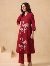 Women's Maroon Embroidered Cotton Kurta Pant Set