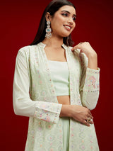Women's Pista Green Georgette Sleeveless Crop Top With Palazzo and Shrug