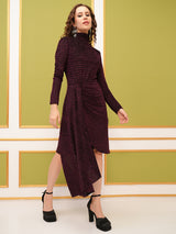 Women's Maroon Party Velvet Mock Neck Sheath Dress