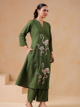 Women's Emerald Base Flamingo Embroidered Cotton Kurta Set