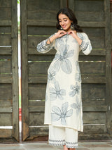Women's Off White Monochrome Leaf Motif Embroidered Rayon Kurta Set