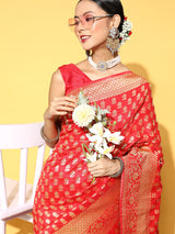 Women's Silk Blend Pink Woven Design Celebrity Saree with Blouse Piece