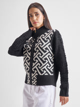 Women's Black Casual Striped Full Sleeves Sweater