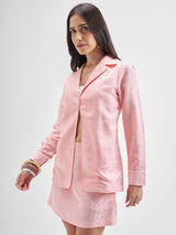 Women's Pink Casual Floral Printed Lapel Collar Blazer With Skirt