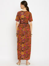 Women's Pink Casual Printed Maxi Dress with Belt