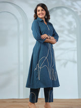 Women's Peacock Blue Animal Motif Cord Work  in Cotton Cambric Kurta Set