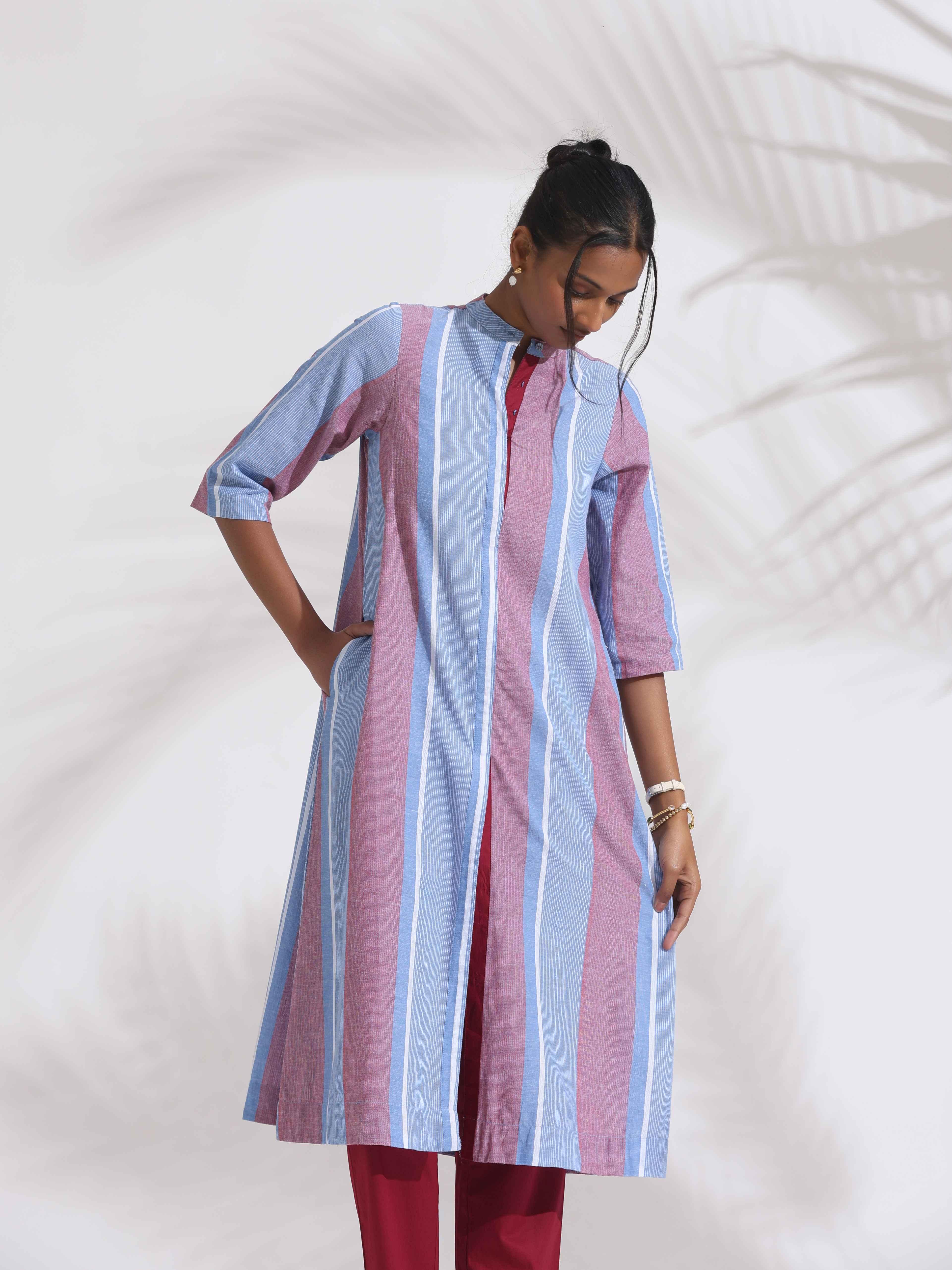 Women's Blue Casual Striped Kurta Set