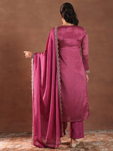Women's Pink Bandhani Printed Straight Kurta With Trouser and Silk Chiffon Dupatta