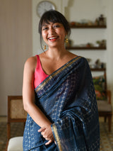 Women's Blue Cotton Blend Saree