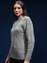 Women's Grey Casual Self-Design Full Sleeves Sweater