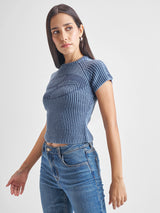 Women's Blue Casual Self-Design Half Sleeves Sweater