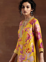 Women's Yellow Floral Printed Kurta with Solid Brocade Trouser and Printed Dupatta