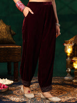 Women's Wine Ethnic Motif Embellished Velvet Kurta With Salwar and Dupatta