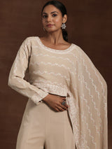 Women's Beige Ethnic Motif Embroidered Georgette Top with One Side Extended Sleeve & Solid Wide Leg Palazzo