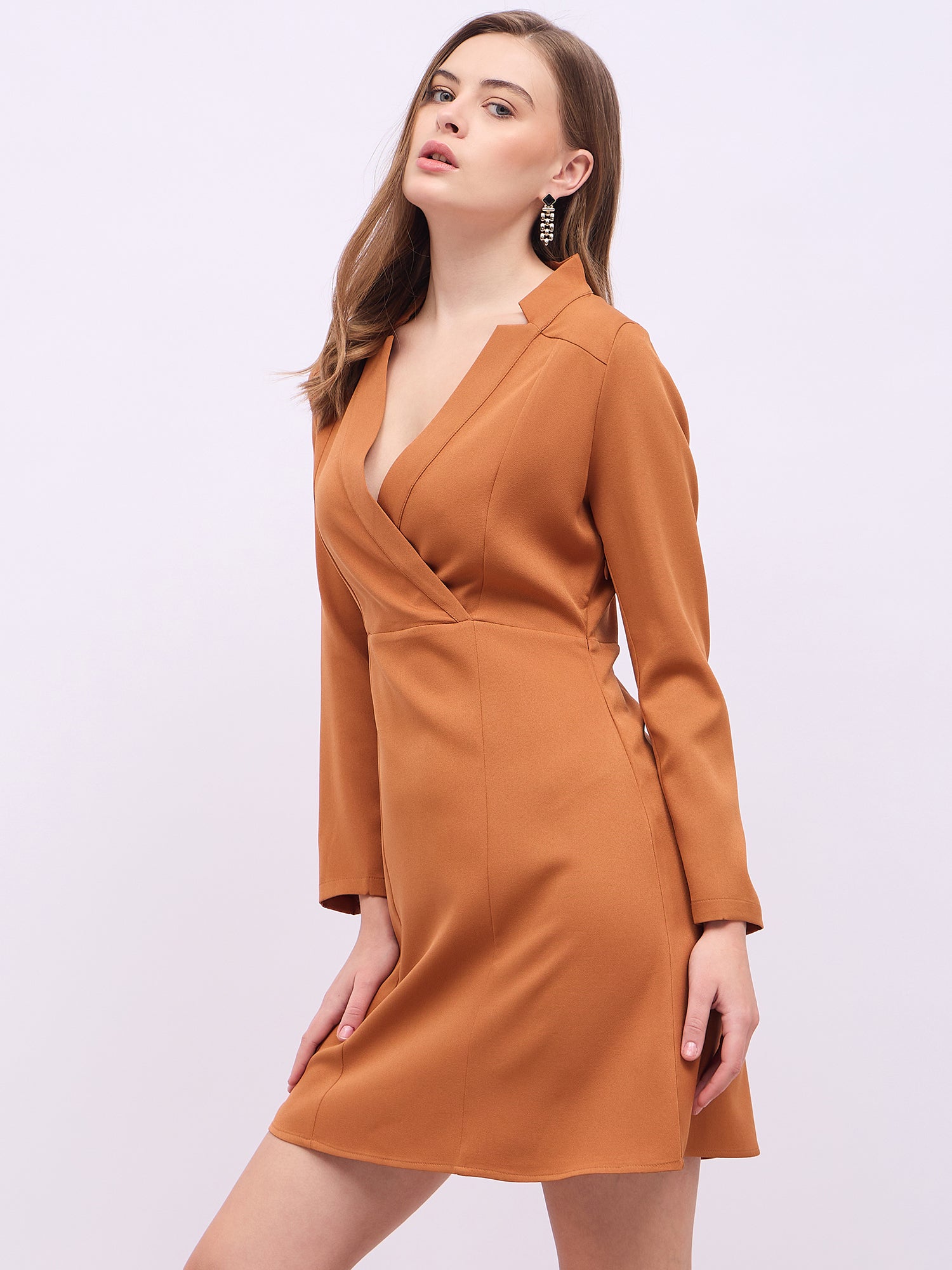 Women's Brown V-Neck Long Sleeves A-Line Mini Dress
