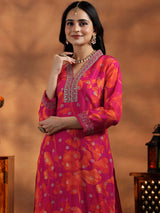 Women's Pink Printed Kurta With Woven Design Floral Motifs & Trouser With Dupatta