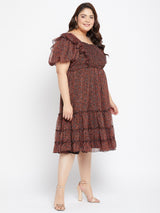 Women's Black and Orange Smocked Chiffon Midi Dress
