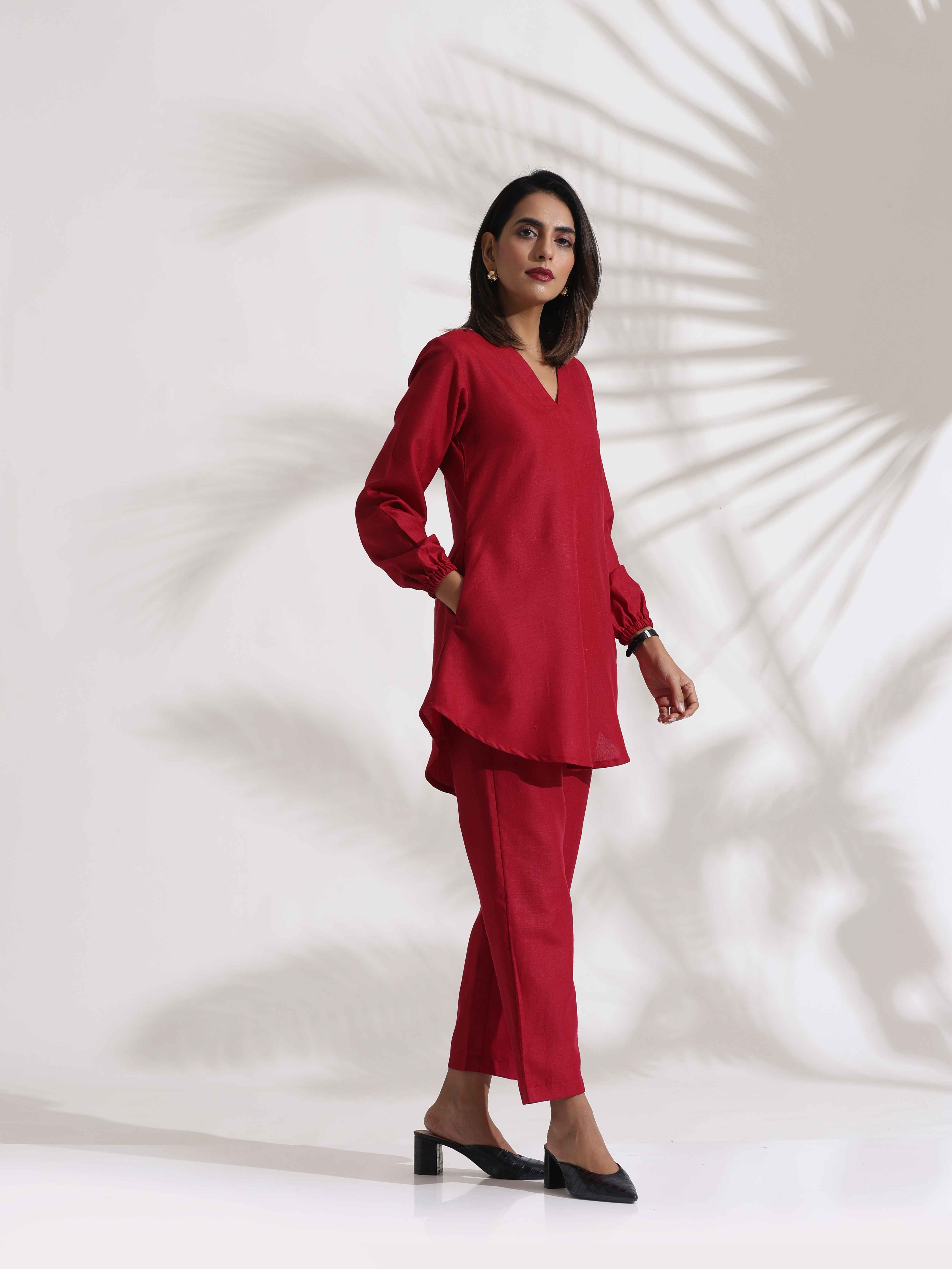 Women's Red Slub Co-ord Set