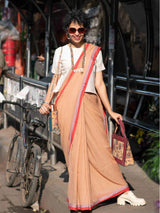 Women's Beige Mul Cotton Saree