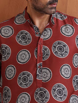 Men's Red Festive Printed Regular Fit Full Sleeves Kurta