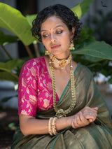 Women's Green Linen Saree with Blouse Piece
