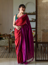 Women's Red Cotton Blend Saree