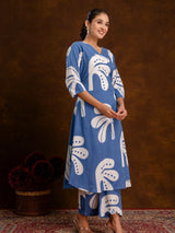 Women's Blue Tropical Leaf A-line Kurta Set