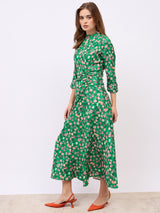 Women's Green Notch Collar Puff Sleeves A-Line Maxi Dress
