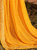 Women's Georgette Yellow Zari Embroidered Designer Saree With Blouse Piece
