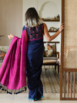 Women's Blue Cotton Blend Saree