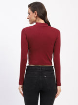 Women's Wine Casual Full Sleeve Ribbed Mock Neck Zipped Bodycon Top