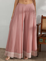 Women's Pink Ethnic Motif Embroidered Georgette Top with One Side Extended Sleeve and Solid Wide Leg Palazzo