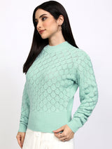 Women's Blue Casual Self-Design Full Sleeves Sweater