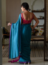 Women's Blue Cotton Blend Saree