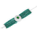 Women's Rhodium Plated CZ Sparkling Multi-Layered Bracelet with Emerald Beads