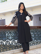 Women's Solid Black Cotton Slub with Tribal Embroidered Sleeves Kurta Set