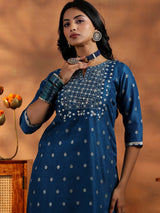 Women's Blue Motif Short Kurta With Solid Wide Leg Palazzo and Woven Design Dupatta
