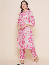 Women's Pink Floral Printed Panelled A-Line Kurta with Trouser