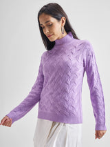 Women's Lavender Casual Self-Design Full Sleeves Sweater