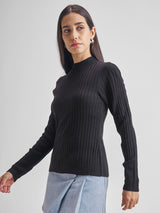 Women's Black Casual Self-Design Full Sleeves Sweater