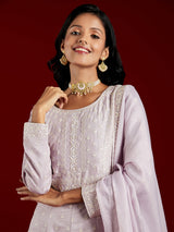 Women's Lavender Pure Silk Embroidered a-line Kurta and Palazzo With Dupatta