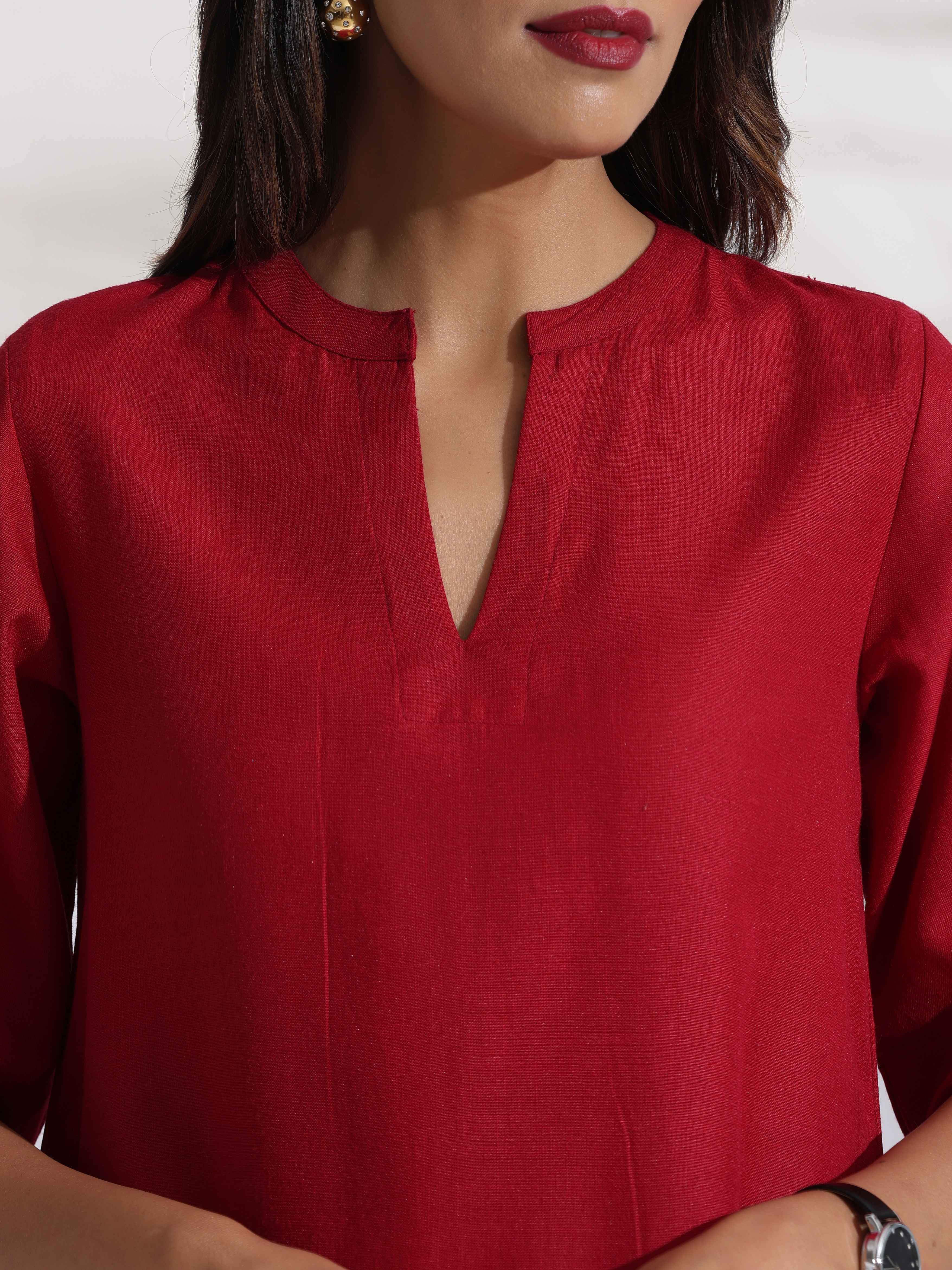 Women's Red Slub Highslit Kurta Set