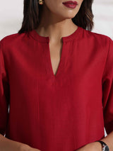 Women's Red Slub Highslit Kurta Set