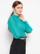 Women's Green Casual Full Sleeve High-Neck Pleated Balloon Top