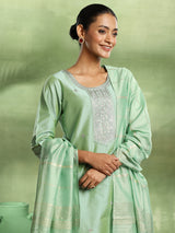 Women's Green Silk Blend Embroidered Yoke Design Straight Kurta and Trouser with Self Design Dupatta