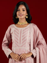 Women's Dusty Pink Pure Silk Embroidered a-line Kurta & Dusty Pink Trousers & Dupatta