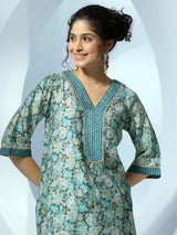 Women's Blue Floral Printed A-line Short Kurta With Printed Dhoti Pants